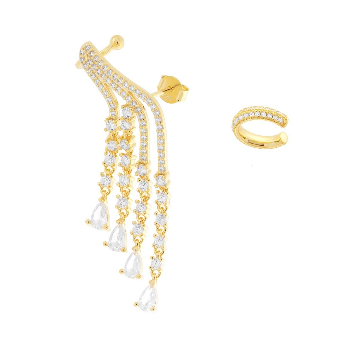 Orecchino Lungo Due Elementi Ear Cuff Destro Chandelier con Cubic Zirconia Bianchi in ARGENTO 925 Galvanica Oro