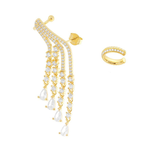 Orecchino Lungo Due Elementi Ear Cuff Destro Chandelier con Cubic Zirconia Bianchi in ARGENTO 925 Galvanica Oro