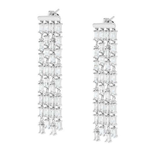 Orecchini Lunghi Pendenti Chandelier con Cubic Zirconia Bianchi taglio Baguette in ARGENTO 925 Galvanica Rodio