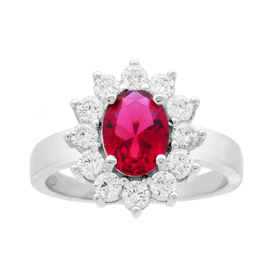 Anello Halo Solitario Ovale con Cubic Zirconia Rosso Rubino contornato da Cubic Zirconia Bianchi in ARGENTO 925 Galvanica Rodio