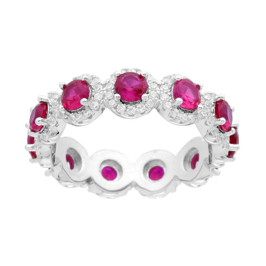 Anello Eternity Veretta a giro con Cubic Zirconia Rosso Rubino contornati da Cubic Zirconia Bianchi in ARGENTO 925 Galvanica Rodio
