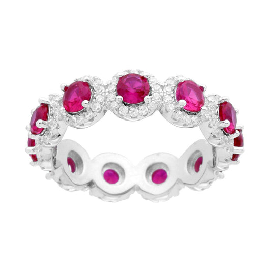 Anello Eternity Veretta a giro con Cubic Zirconia Rosso Rubino contornati da Cubic Zirconia Bianchi in ARGENTO 925 Galvanica Rodio