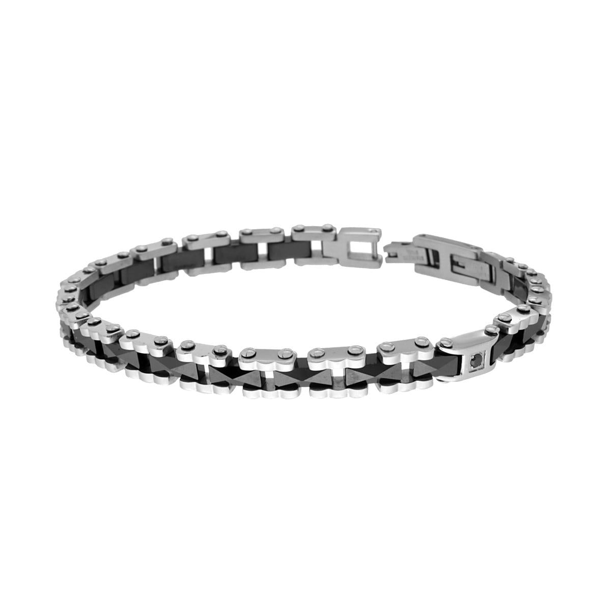 Bracciale Uomo Maglia Imperniata Dentellata con Ceramica Nera Bugnata e Crystal Nero in ACCIAIO