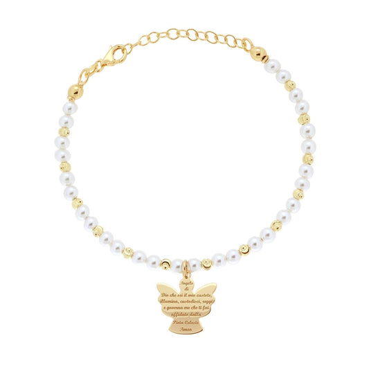 Bracciale Perla e palline Diamantate mm 4 con Angelo e Preghiera in ARGENTO 925 Galvanica Oro