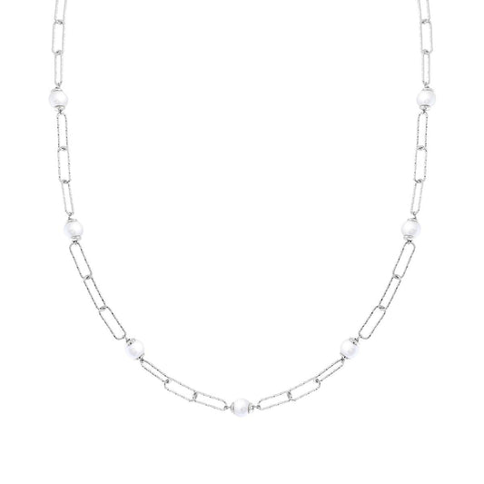 Collana Catena Grumetta allungata Diamantate con Perla vetro perlato in ARGENTO 925 Galvanica Rodio