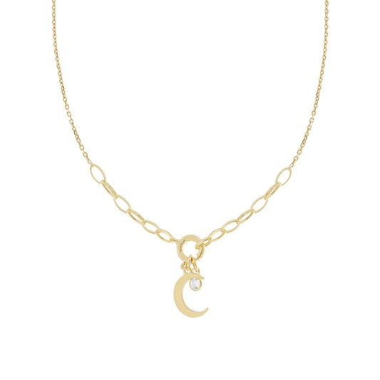 Collana Catena Forzatina ovale con Punto Luce Cubic Zirconia Bianco e Luna plain in ARGENTO 925 Galvanica Oro