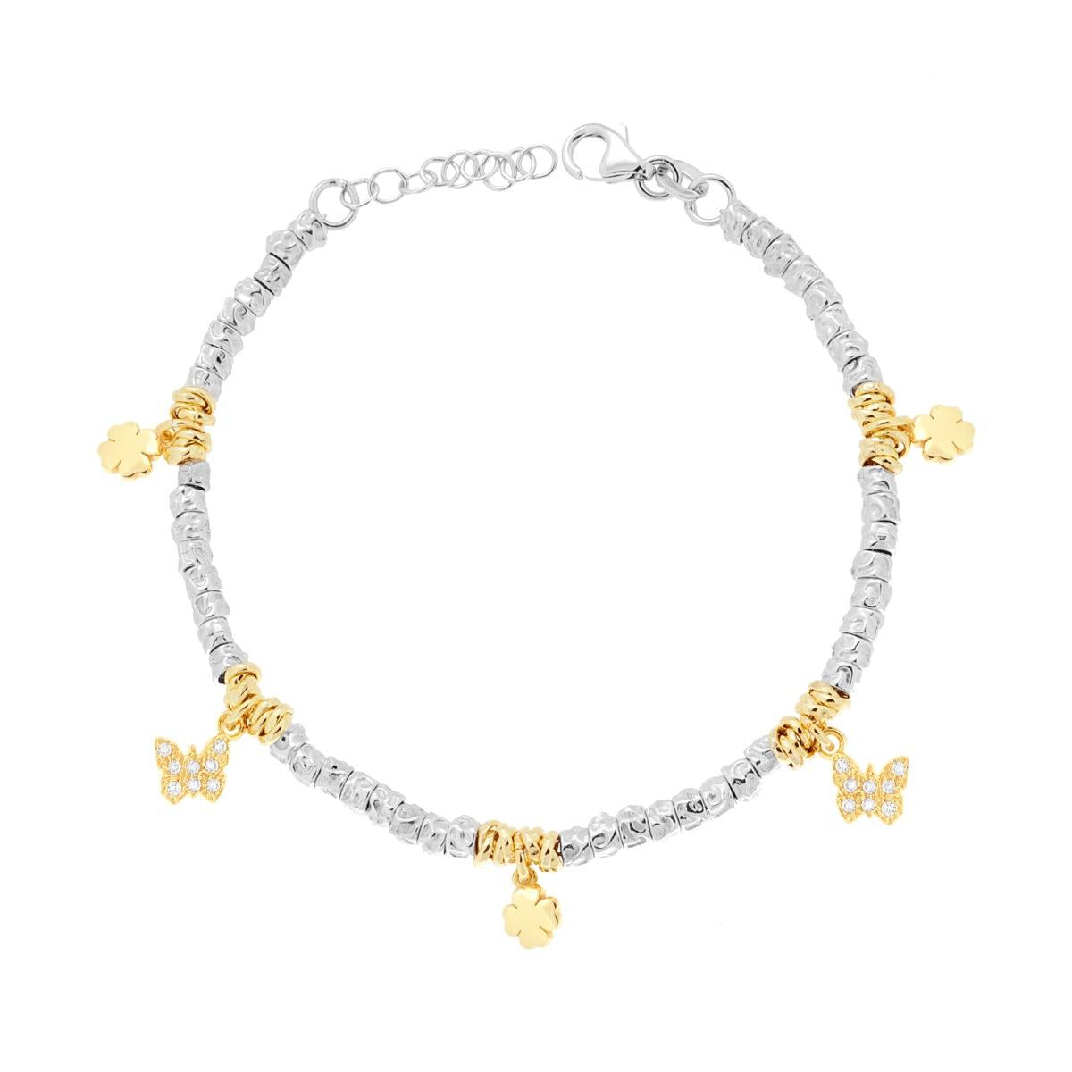 Bracciale Cubetti Martellati con Charms Quadrifoglio Portafortuna e Farfalle con Cubic Zirconia Bianchi in ARGENTO 925 Galvanica Rodio e Oro
