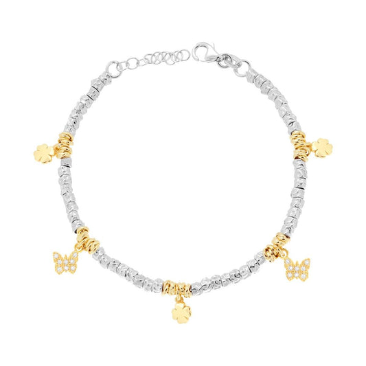 Bracciale Cubetti Martellati con Charms Quadrifoglio Portafortuna e Farfalle con Cubic Zirconia Bianchi in ARGENTO 925 Galvanica Rodio e Oro