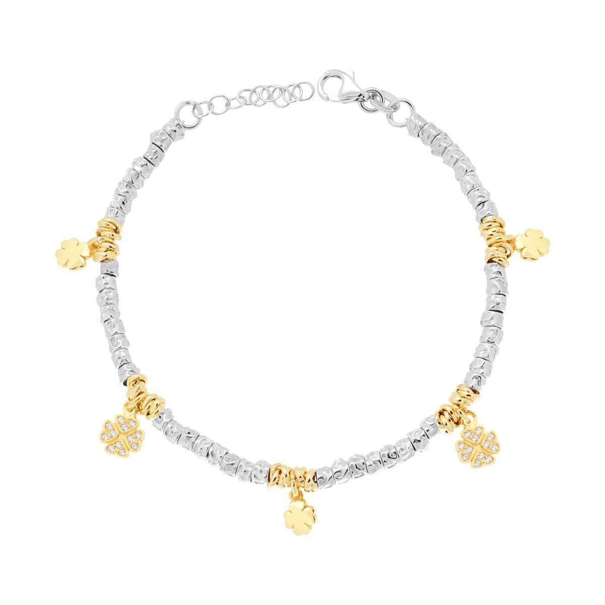 Bracciale Cubetti Martellati con Charms Quadrifoglio Portafortuna con Cubic Zirconia Bianchi in ARGENTO 925 Galvanica Rodio e Oro