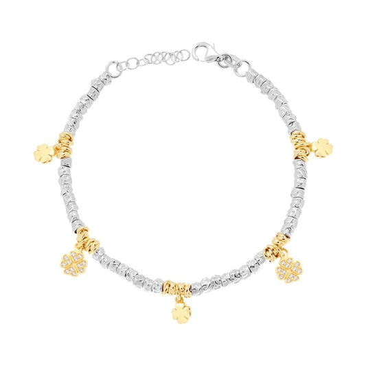 Bracciale Cubetti Martellati con Charms Quadrifoglio Portafortuna con Cubic Zirconia Bianchi in ARGENTO 925 Galvanica Rodio e Oro