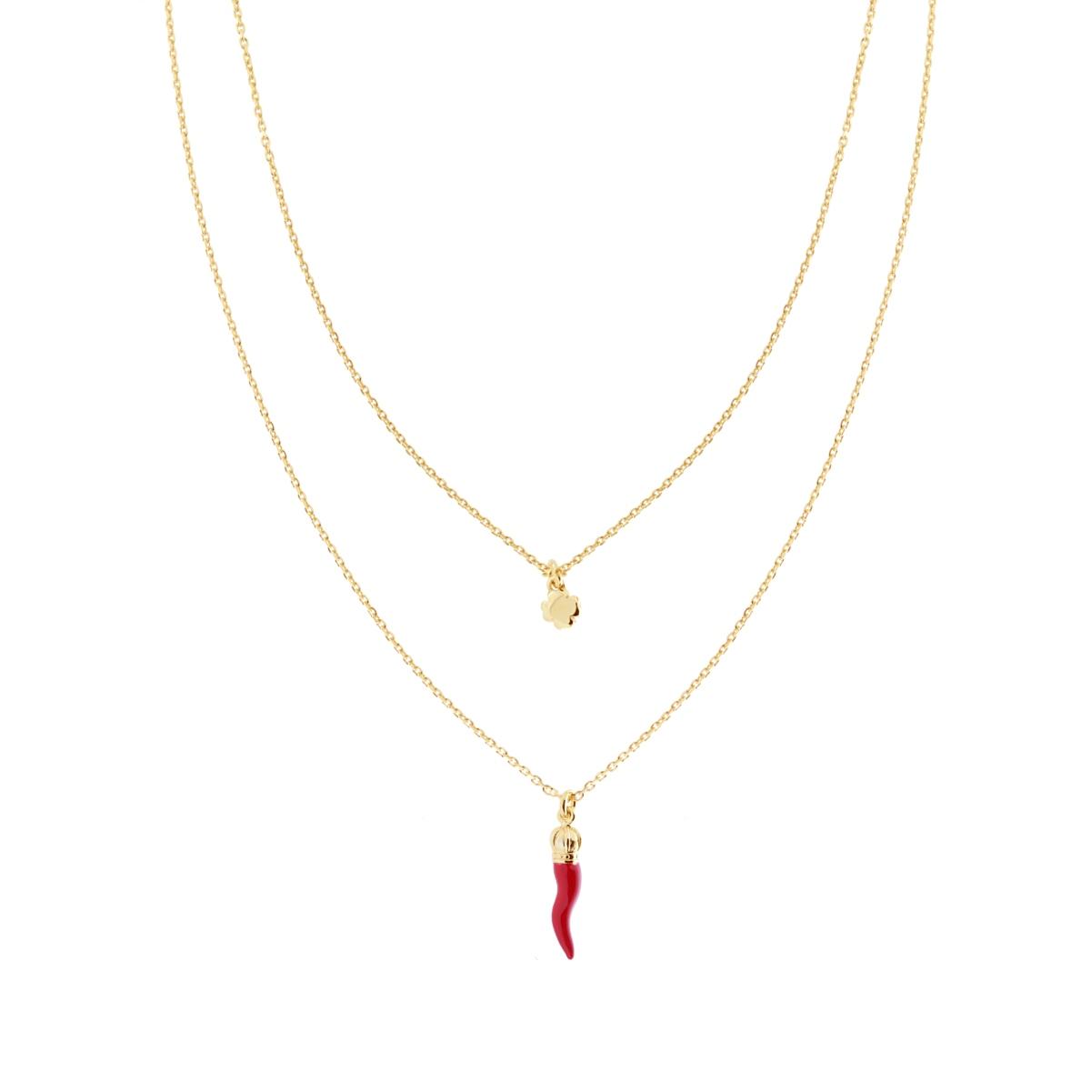 Collana due fili Catena Forzatina Diamantata con Corno smalto Rosso Portafortuna e Quadrifoglio pendenti in ARGENTO 925 Galvanica Oro
