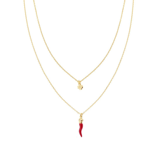 Collana due fili Catena Forzatina Diamantata con Corno smalto Rosso Portafortuna e Quadrifoglio pendenti in ARGENTO 925 Galvanica Oro