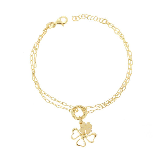 Bracciale due Fili Catena Forzatina Allungata con Quadrifogli pendenti in ARGENTO 925 Galvanica Oro