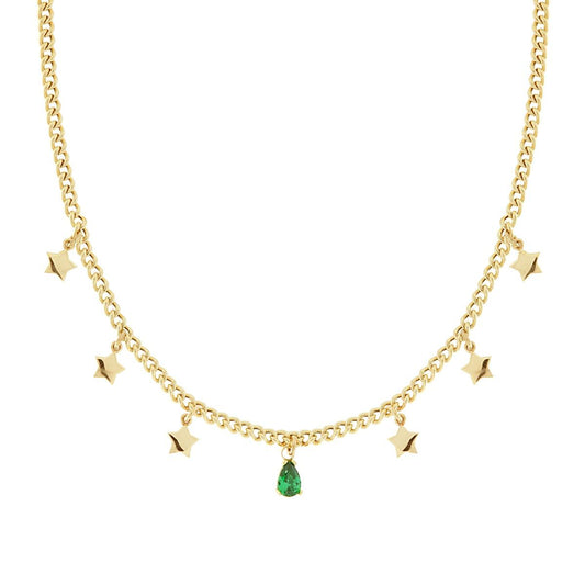 Collana Catena Grumetta con Stelle e Goccia Cubic Zirconia Verde Smeraldo pendenti in ARGENTO 925 Galvanica Oro