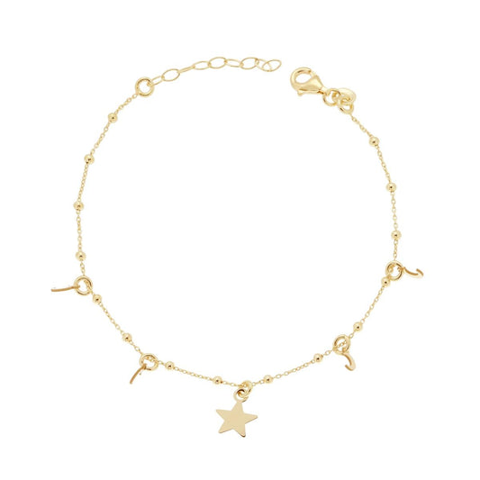 Bracciale Catena Forzatina Diamantata con Palline lisce Lune e Stella pendenti in ARGENTO 925 Galvanica Oro