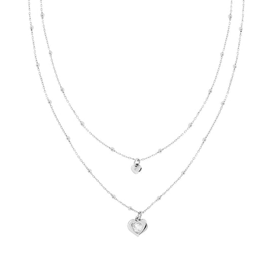 Collana due fili Catena Forzatina Diamantata con Palline lisce e Cuori pendenti con Cubic Zirconia Bianco in ARGENTO 925 Galvanica Rodio