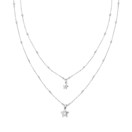Collana due fili Catena Forzatina Diamantata con Palline lisce e Stelle pendenti con Cubic Zirconia Bianco in ARGENTO 925 Galvanica Rodio