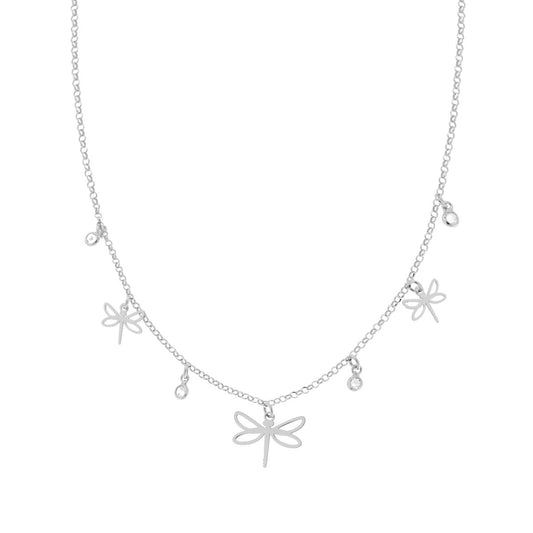 Collana Catena Rolo Diamantata con Libellule e Cubic Zirconia Bianchi pendenti in ARGENTO 925 Galvanica Rodio