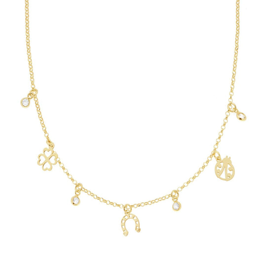 Collana Catena Rolo Diamantata con Coccinella Ferro di Cavallo Quadrifoglio portafortuna e Cubic Zirconia Bianchi pendenti in ARGENTO 925 Galvanica Oro