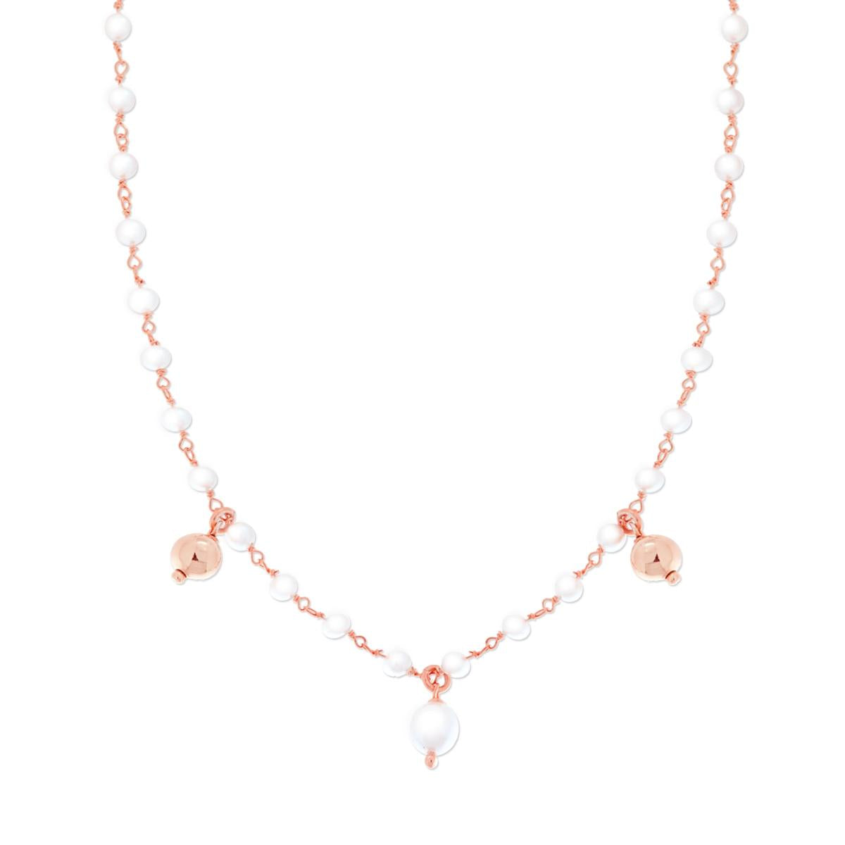 Collana Catena con Perle vetro perlato e Palline pendenti in ARGENTO 925 Galvanica Rosa
