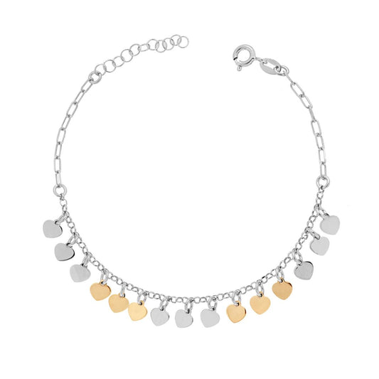 Bracciale Catena Forzatina allungata con Cuori plain pendenti in ARGENTO 925 Galvanica Rodio e Oro