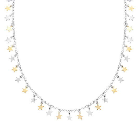 Collana Catena Rolo Diamantata con Stelle plain pendenti in ARGENTO 925 Galvanica Rodio e Oro