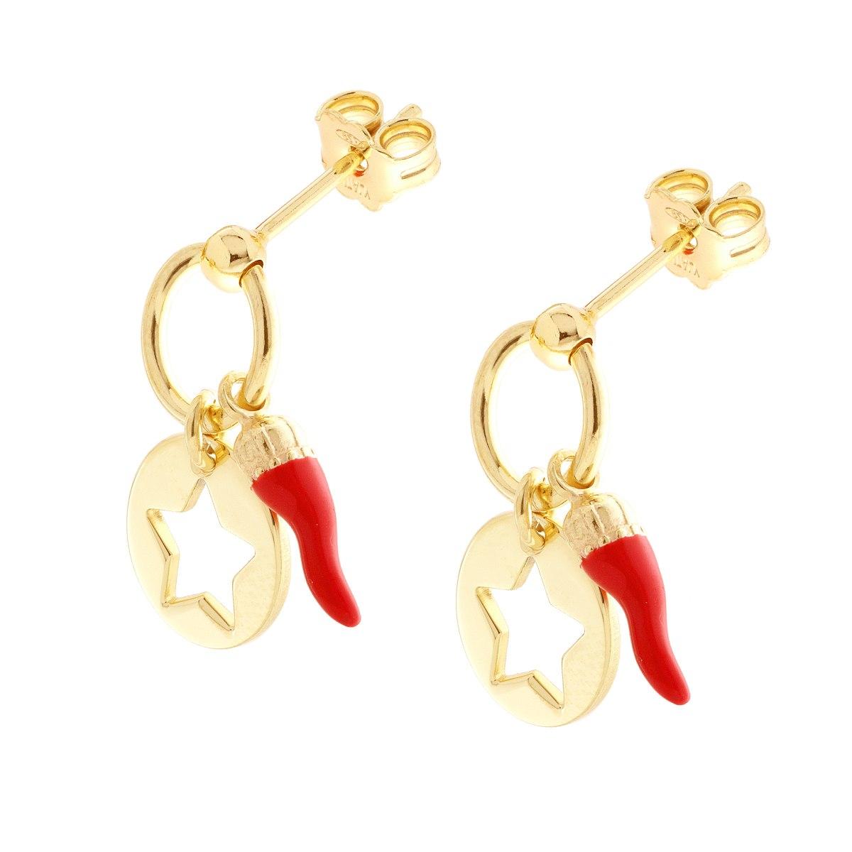 Orecchini con Corno smalto Rosso Portafortuna e Stella pendenti in ARGENTO 925 Galvanica Oro