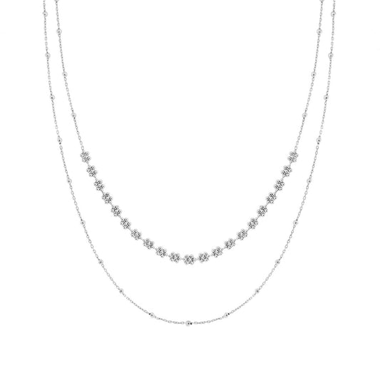 Collana due fili Catena Forzatina Diamantata e Palline lisce Fiori in ARGENTO 925 Galvanica Rodio
