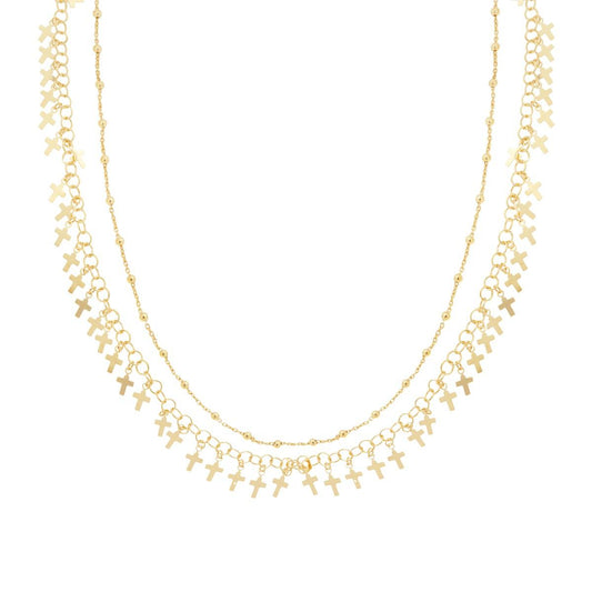 Collana due fili Catena Forzatina Diamantata e Palline lisce con Croci plain pendenti  in ARGENTO 925 Galvanica Oro