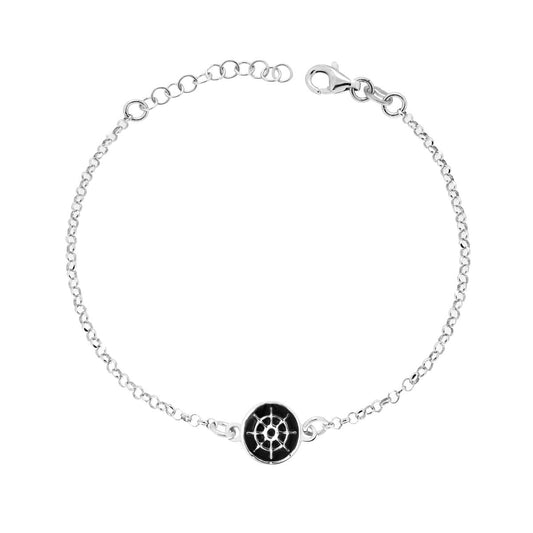 Bracciale Catena Rolo Diamantata con Tondo con Timone Smalto Nero in ARGENTO 925 Galvanica Rodio