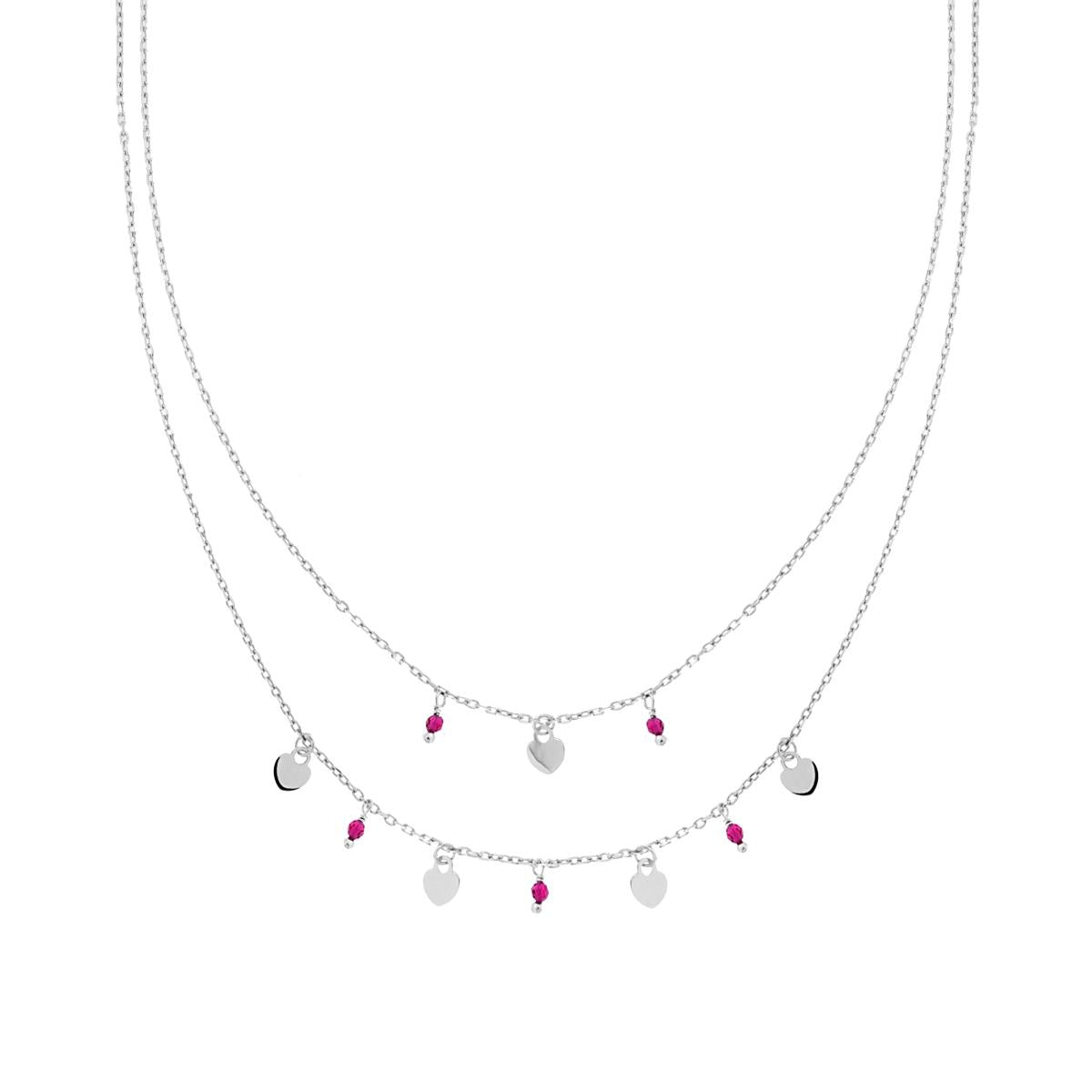 Collana due fili Catena Forzatina Diamantata con Cuori plain e Crystal Rosso Rubino pendente in ARGENTO 925 Galvanica Rodio