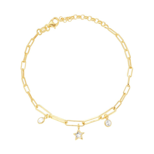 Bracciale Catena Forzatina allungata con Stella e Tondi Cubic Zirconia Bianchi pendenti in ARGENTO 925 Galvanica Oro