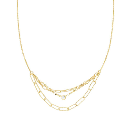 Collana Catena Forzatina Diamantata con centrale Multifili e Tondo Cubic Zirconia Bianco pendenti in ARGENTO 925 Galvanica Oro