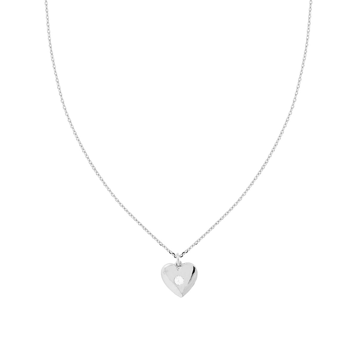 Collana Catena Forzatina Diamantata con Cuore e Cubic Zirconia Bianco in ARGENTO 925 Galvanica Rodio