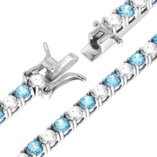 Bracciale Tennis Griffe cm 18 con Zirconi mm 3 Bianchi e Acquamarina alternati in ARGENTO 925 Galvanica Rodio