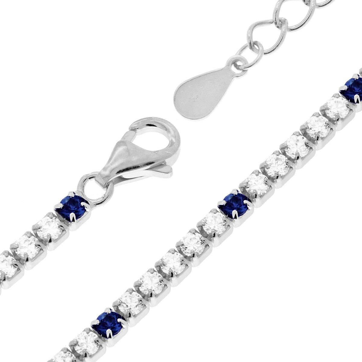 Bracciale Tennis Griffe cm 17+3 con Zirconi mm 2 Bianchi e Blu Zaffiro alternati in ARGENTO 925 Galvanica Rodio
