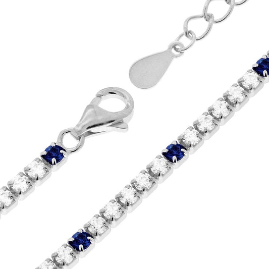Bracciale Tennis Griffe cm 17+3 con Zirconi mm 2 Bianchi e Blu Zaffiro alternati in ARGENTO 925 Galvanica Rodio