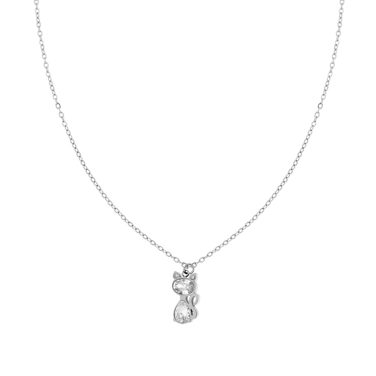Collana Catena Forzatina con Gatto e Crystal Bianchi in ACCIAIO
