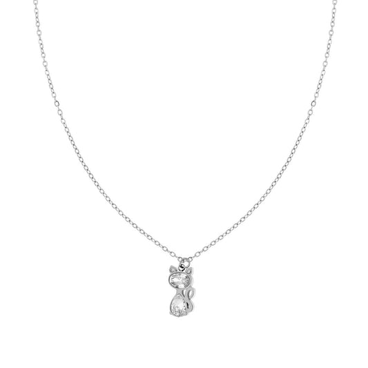 Collana Catena Forzatina con Gatto e Crystal Bianchi in ACCIAIO