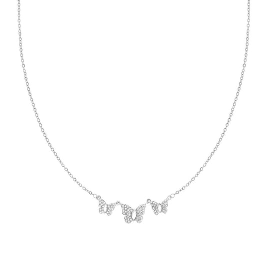 Collana Catena Forzatina con Tre Farfalle e Crystal Bianchi in ACCIAIO e OTTONE