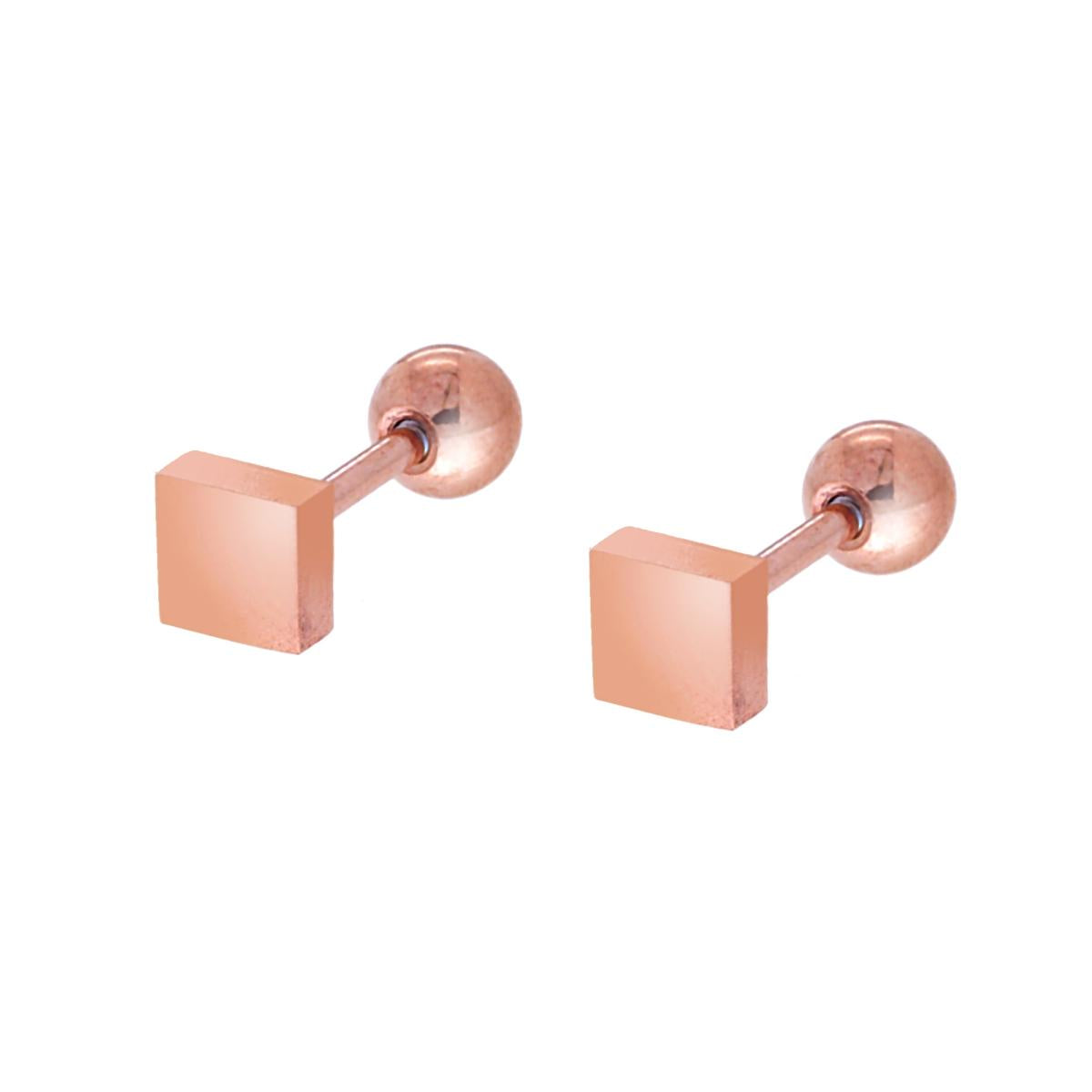 Orecchini Quadrato mm 4 con Chiusura a Vite in ACCIAIO Chirurgico Colore Rosa