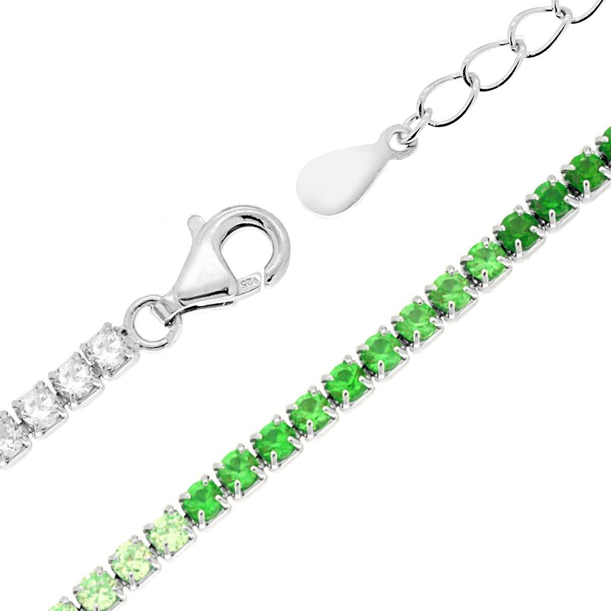 Bracciale Tennis Griffe cm 17+3 con Zirconi mm 2 Multicolor gradazione Verde Smeraldo in ARGENTO 925 Galvanica Rodio