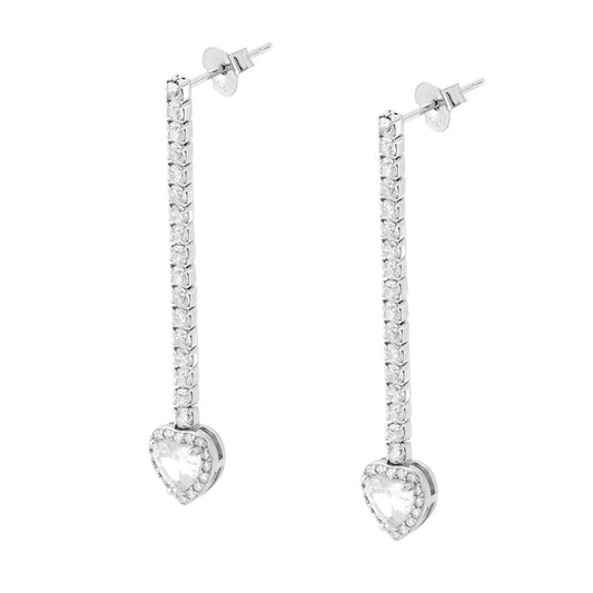 Orecchini Tennis Lunghi con Cuore pendente Bianco contornato da Cubic Zirconia Bianchi in ARGENTO 925 Galvanica Rodio