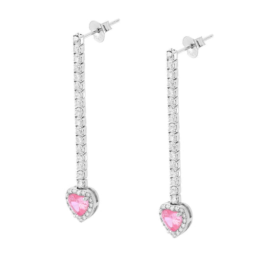 Orecchini Tennis Lunghi con Cuore pendente Rosa contornato da Cubic Zirconia Bianchi in ARGENTO 925 Galvanica Rodio