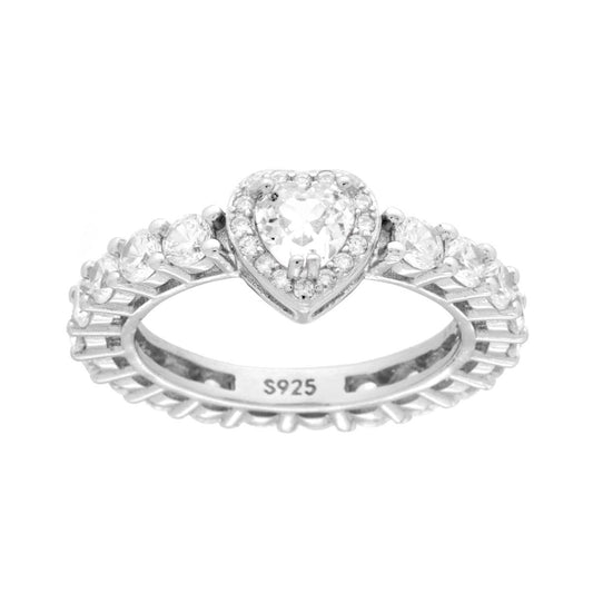 Anello Eternity Veretta a giro con Cubic Zirconia Bianchi con Cuore Bianco in ARGENTO 925 Galvanica Rodio