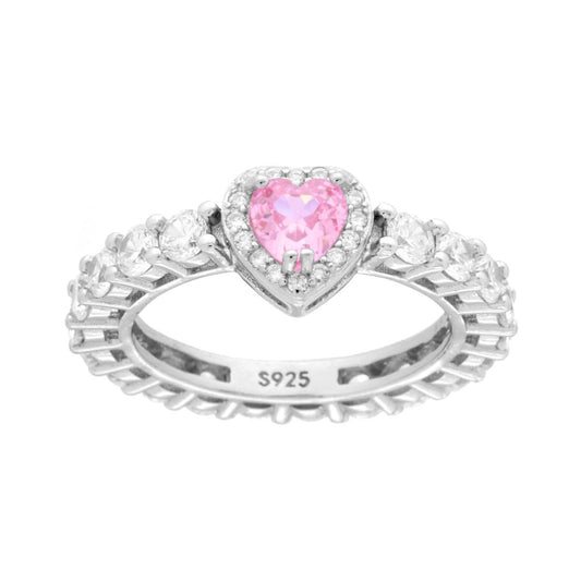 Anello Eternity Veretta a giro con Cubic Zirconia Bianchi con Cuore Rosa in ARGENTO 925 Galvanica Rodio
