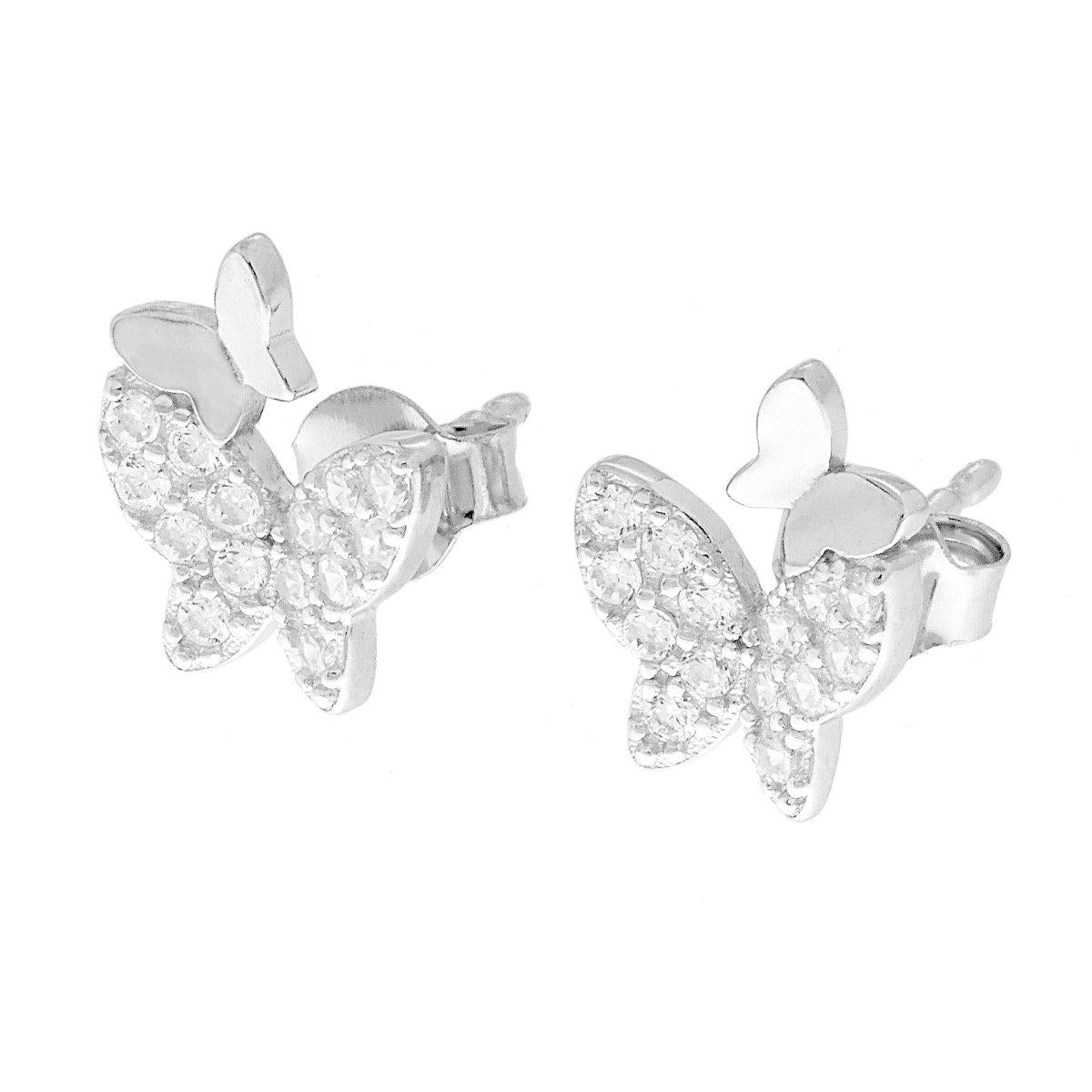 Orecchini doppia Farfalla con Cubic Zirconia Bianchi in ARGENTO 925 Galvanica Rodio