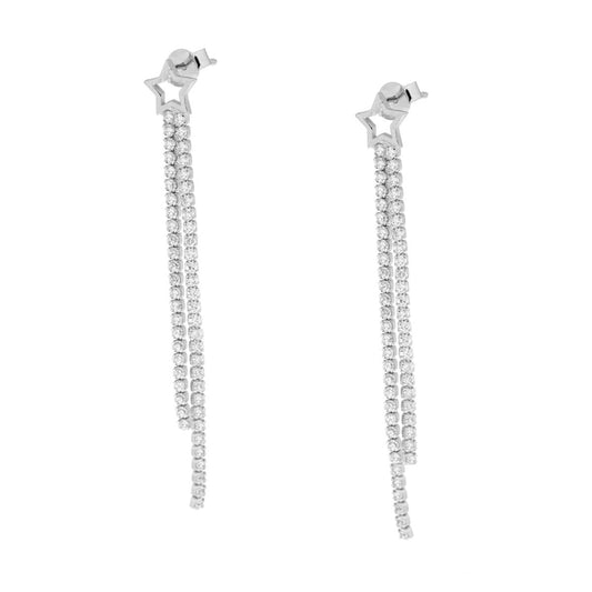 Orecchini Lunghi due fili Tennis con Cubic Zirconia Bianchi e Stella in ARGENTO 925 Galvanica Rodio