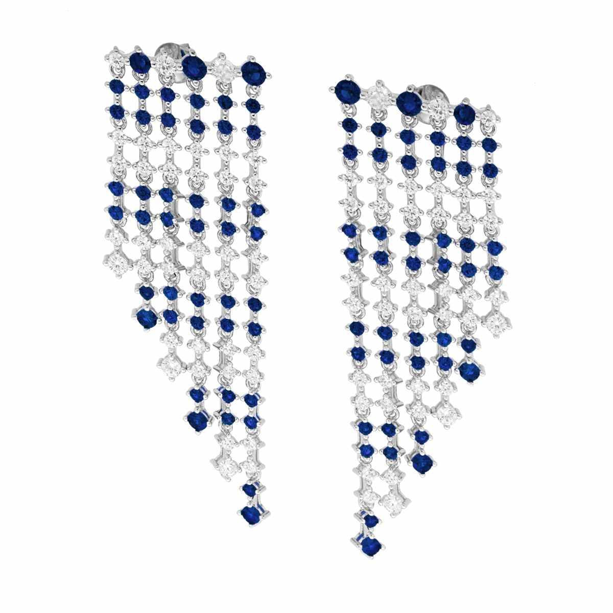 Orecchini Chandelier sei fili degrade Tennis con Cubic Zirconia Blu Zaffiro e Bianchi alternati in ARGENTO 925 Galvanica Rodio