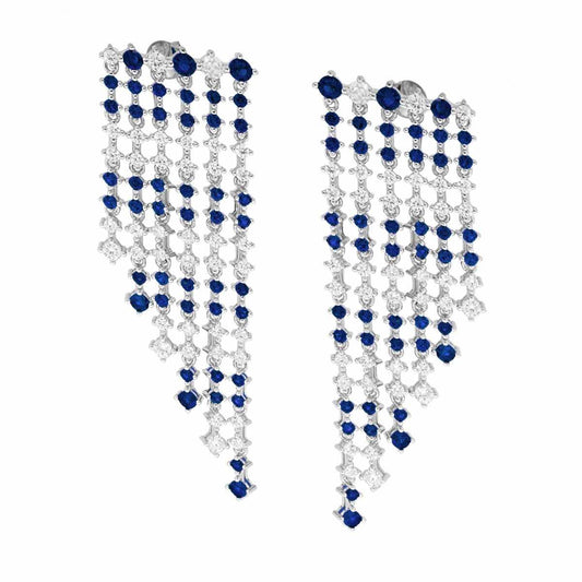Orecchini Chandelier sei fili degrade Tennis con Cubic Zirconia Blu Zaffiro e Bianchi alternati in ARGENTO 925 Galvanica Rodio